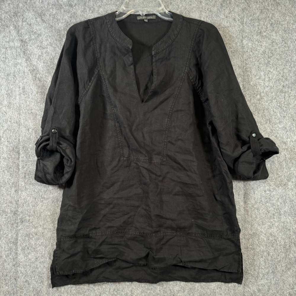 MICHAEL STARS Linen Popover Tunic Top Womens Large Black Boho Lagenlook Rolltab